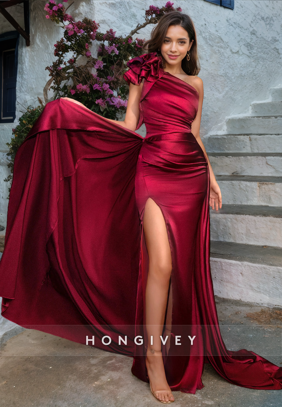 HONGIVEY Elegant One Shoulder  Evening Dress with Train 2025 New Side Slit Formal Party Gown