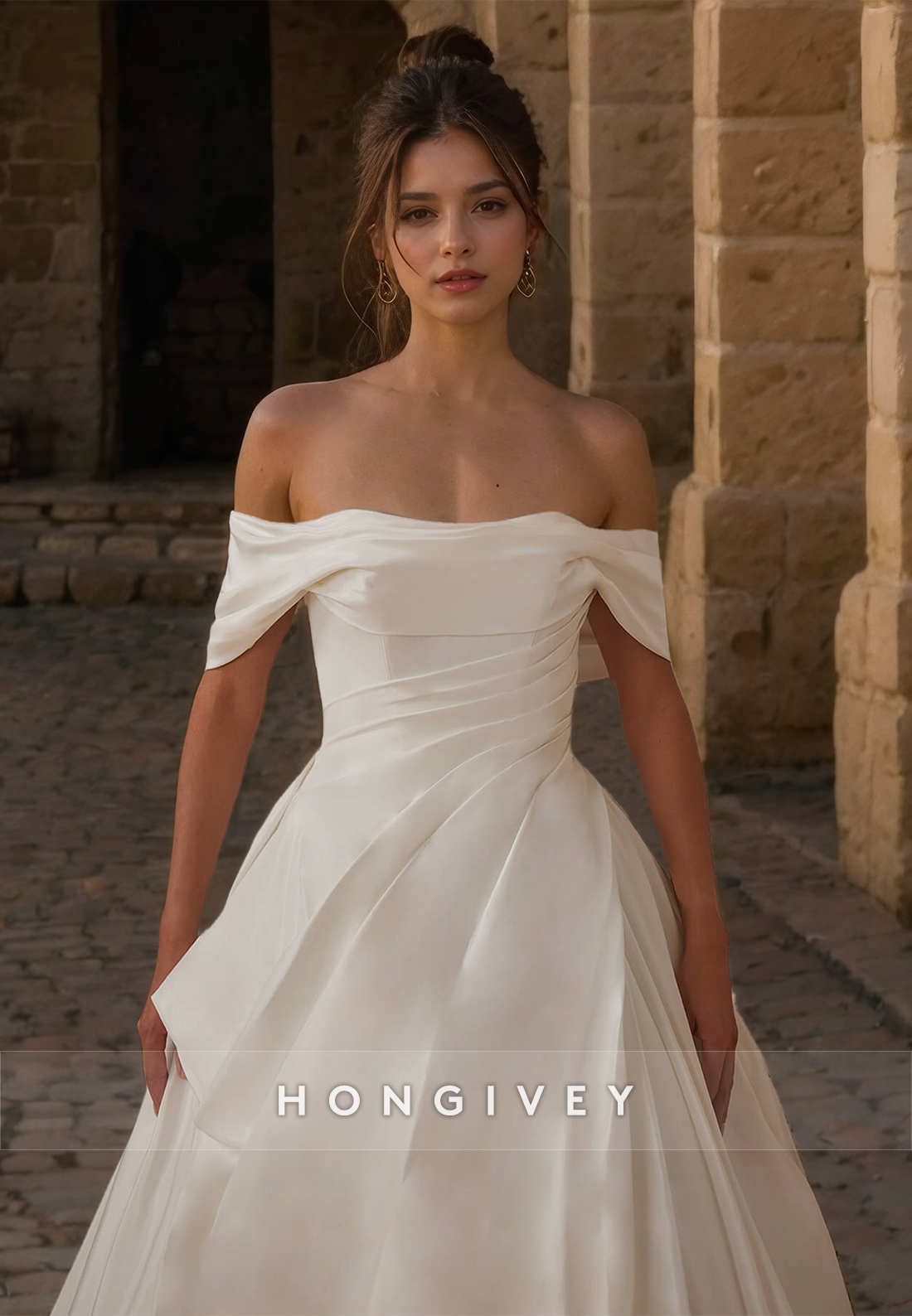 Sexy Satin A-Line Off-Shoulder Empire Ruched With Train Wedding Dress