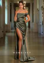 Classy Satin Off-Shoulder Long Evening Party Gown Pleated Floor Length Pageant Dresses for Women