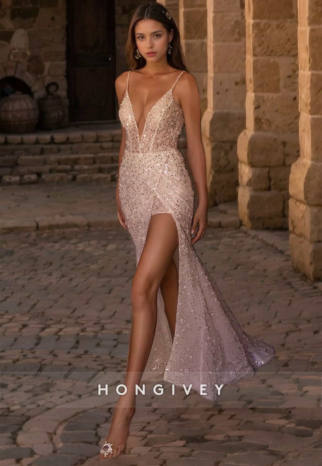 Sexy Fitted V-Neck Spaghetti Straps Sequined With Side Slit Wedding Dress