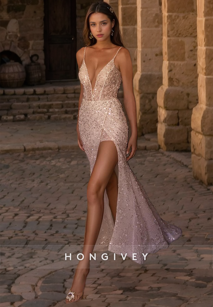 Sexy Fitted V-Neck Spaghetti Straps Sequined With Side Slit Wedding Dress