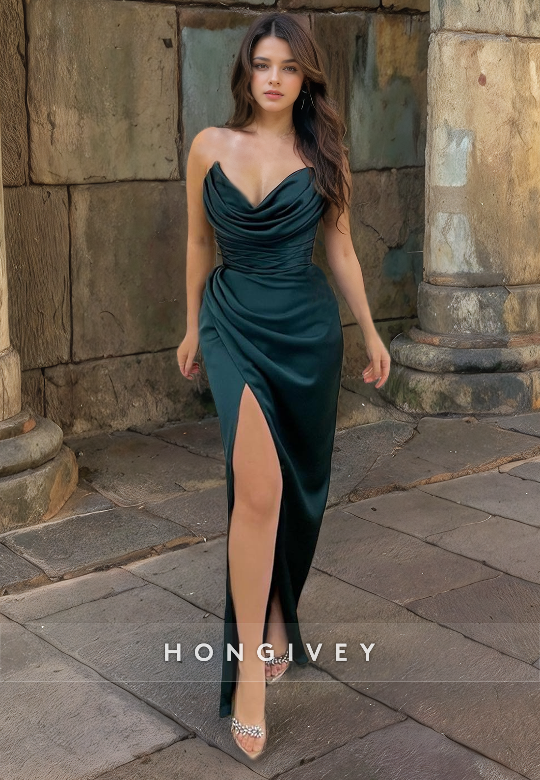 Sexy Ruched Sleeveless Satin Classic V-Neck Evening Dress HONGIVEY