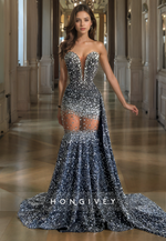 HONGIVEY Sexy Strapless Sequined Applique Mermaid with Train Evening Dress Formal Gown