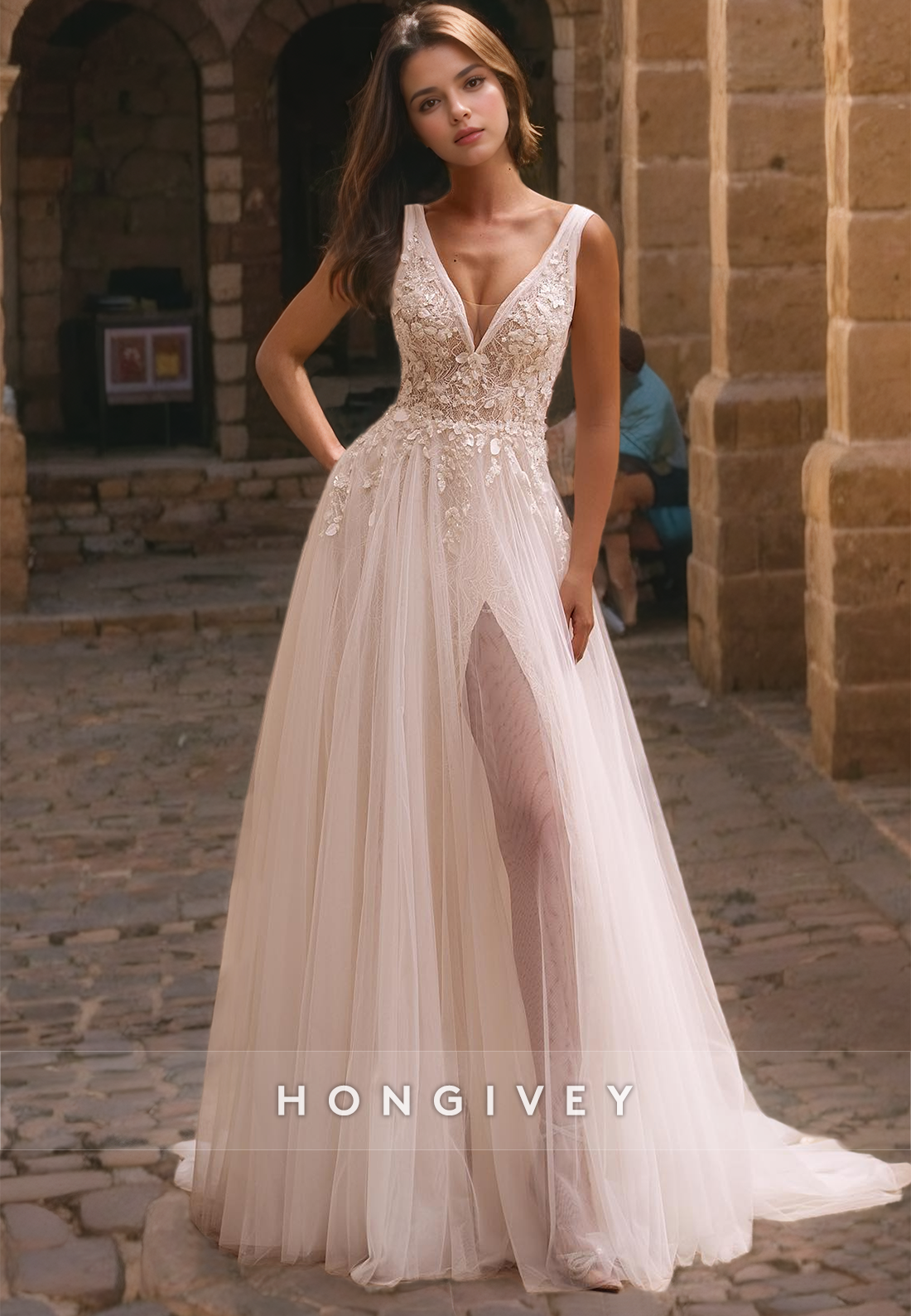 V-Neck Tulle A-Line Lace Applique With Side Slit Wedding Dress V-Neck Tulle A-Line Lace Applique With Side Slit Wedding Dress