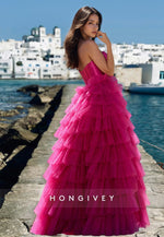 HONGIVEY Strapless Tulle Prom Dress Fuchsia Tiered A-Line Evening Dress Quinceanera Dresses