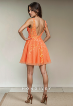 Tulle A-Line V-Neck Sleeveless Lace Applique Short Party Homecoming Dress