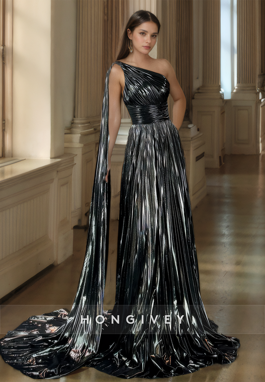 HONGIVEY Special Metallic Ruched One Shoulder Evening Dress Party Gown Floor Length