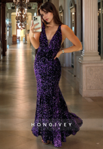 L1185 - Fully Sequined Plunging Illusion With Train Formal Party Prom Evening Dress