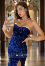 L1186 - Fully Sequined Strapless With Train And Slit Party Prom Evening Formal Dress