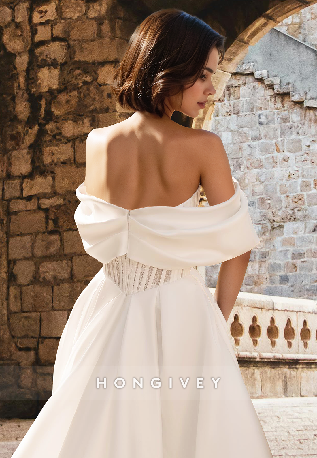 Chic Off-Shoulder A-Line Satin with Train Wedding Dress Bride Gown