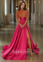 A-Line O Neck Sequins Prom Dress with Short Sleeves Floor Length Satin Elegant Party Gown