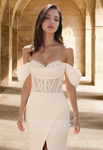 Applique Off-Shoulder Trumpet with Slit Satin Wedding Dress HONGIVEY