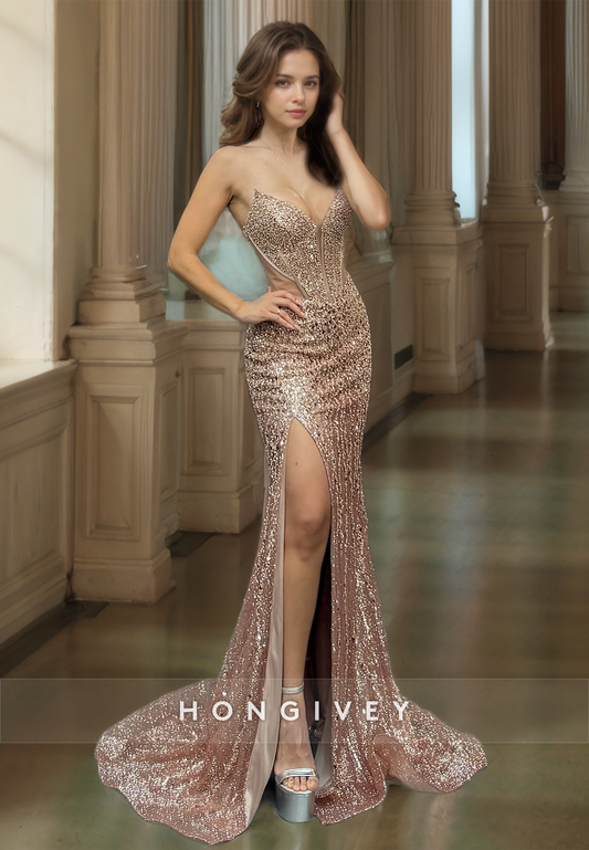 HONGIVEY Gorgeous Sexy Champagne Strapless Mermaid/Trumpet Formal Evening Dress with Side Slit