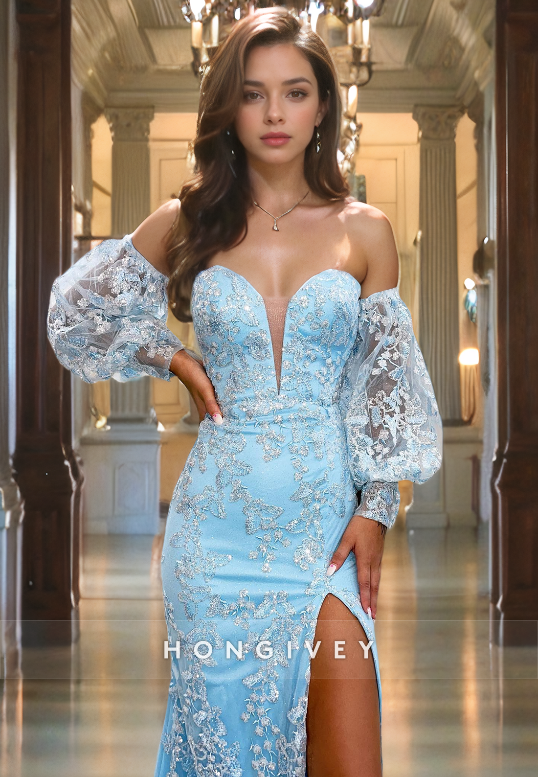 L1196 - Fully Lace Embroidered Plunging Illusion Puff Sleeves With Train And Slit Party Prom Evening Formal Dress