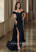 HONGIVEY Elegant Black Trumpet Formal Evening Dress Side Slit Beaded Floor Prom Gown