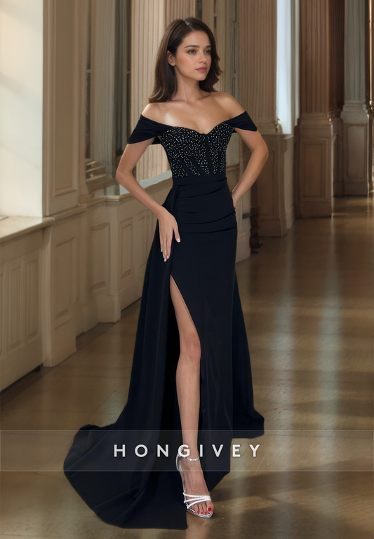 HONGIVEY Elegant Black Trumpet Formal Evening Dress Side Slit Beaded Floor Prom Gown