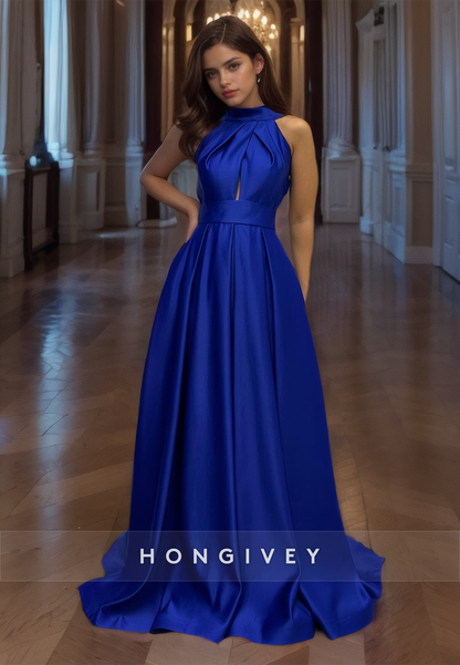 Sexy Backless A-line Prom Gown Evening Dress Satin Cross-Neck Royal Blue Party Dress