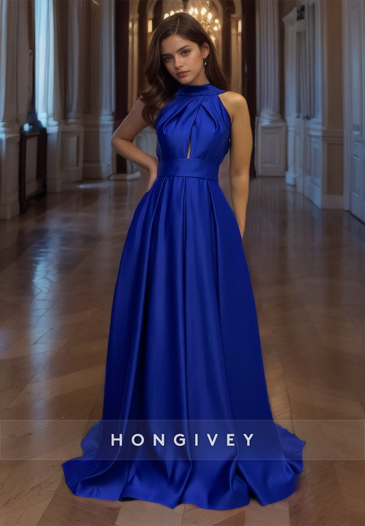 Sexy Backless A-line Prom Gown Evening Dress Satin Cross-Neck Royal Blue Party Dress