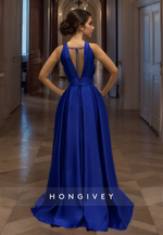 Sexy Backless A-line Prom Gown Evening Dress Satin Cross-Neck Royal Blue Party Dress