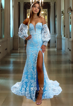 L1196 - Fully Lace Embroidered Plunging Illusion Puff Sleeves With Train And Slit Party Prom Evening Formal Dress