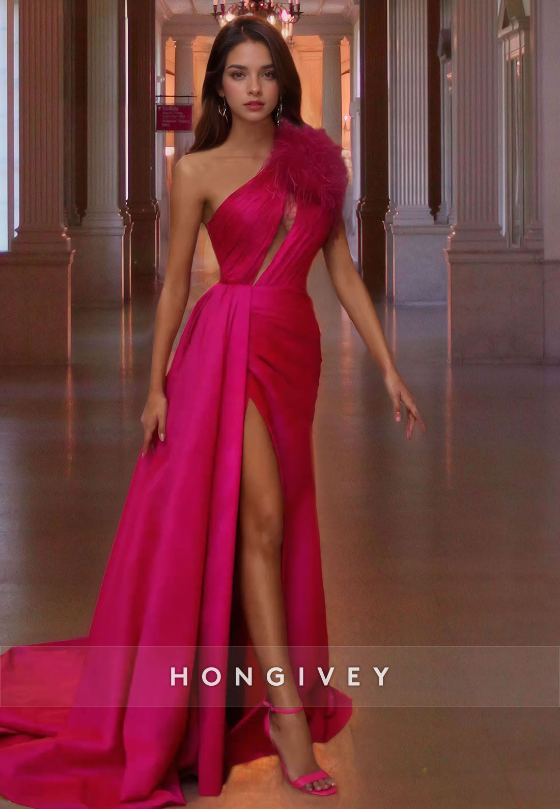 Feathers One Shoulder A-Line Long Prom Dress Luxurious Fuchsia Party Dress with Train