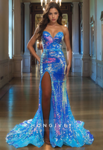 L1195 - Sparkly Fully Sequined Strapless With Train And Slit Party Prom Evening Formal Dress