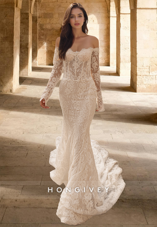 Lace Applique with Train Mermaid Wedding Dress Off-Shoulder Sleeves Bride Gown