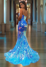 L1195 - Sparkly Fully Sequined Strapless With Train And Slit Party Prom Evening Formal Dress