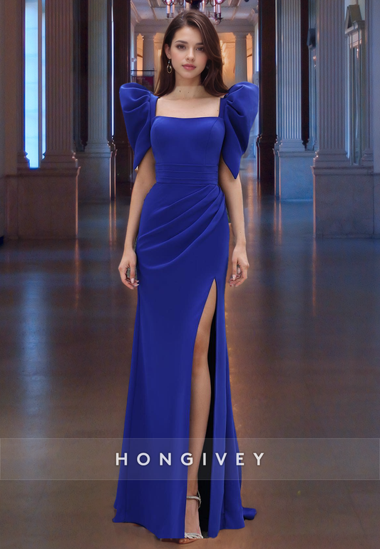 Classic Square Short Sleeves Prom Gown Satin Blue Side Slit Evening Dress