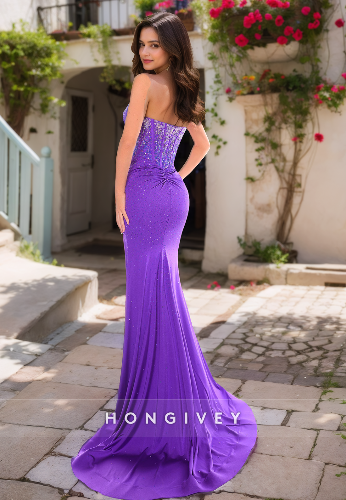 HONGIVEY Chic Purple Mermaid Evening Dress Side Slit Glitter Sweetheart Prom Gown Formal Occasion