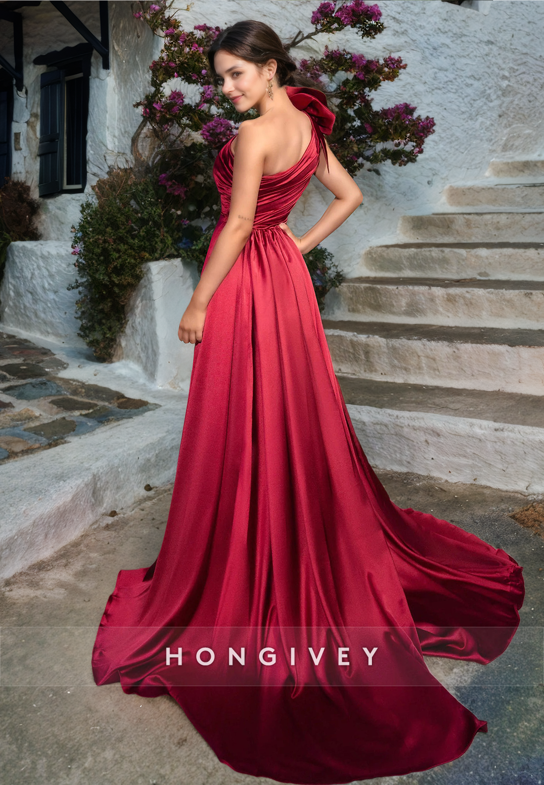 HONGIVEY Elegant One Shoulder  Evening Dress with Train 2025 New Side Slit Formal Party Gown