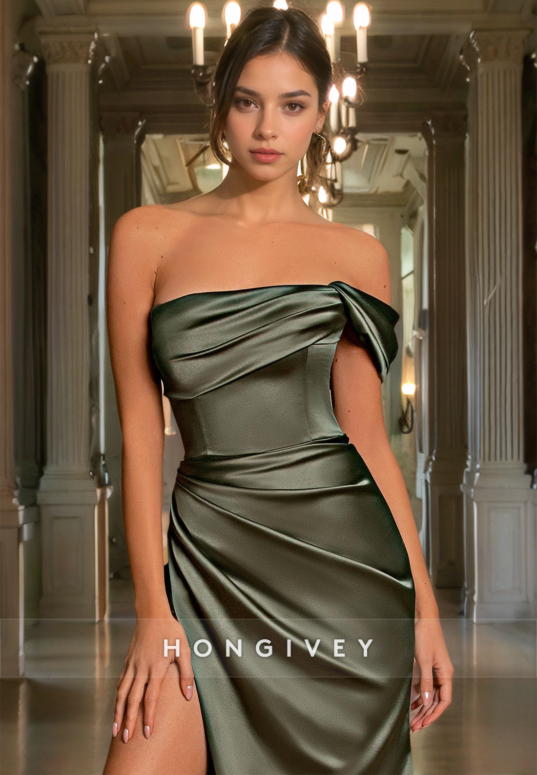 L0976 - Couture Simple Draped Sleeveless With Train and High Slit  Party Prom Formal Evening Dress