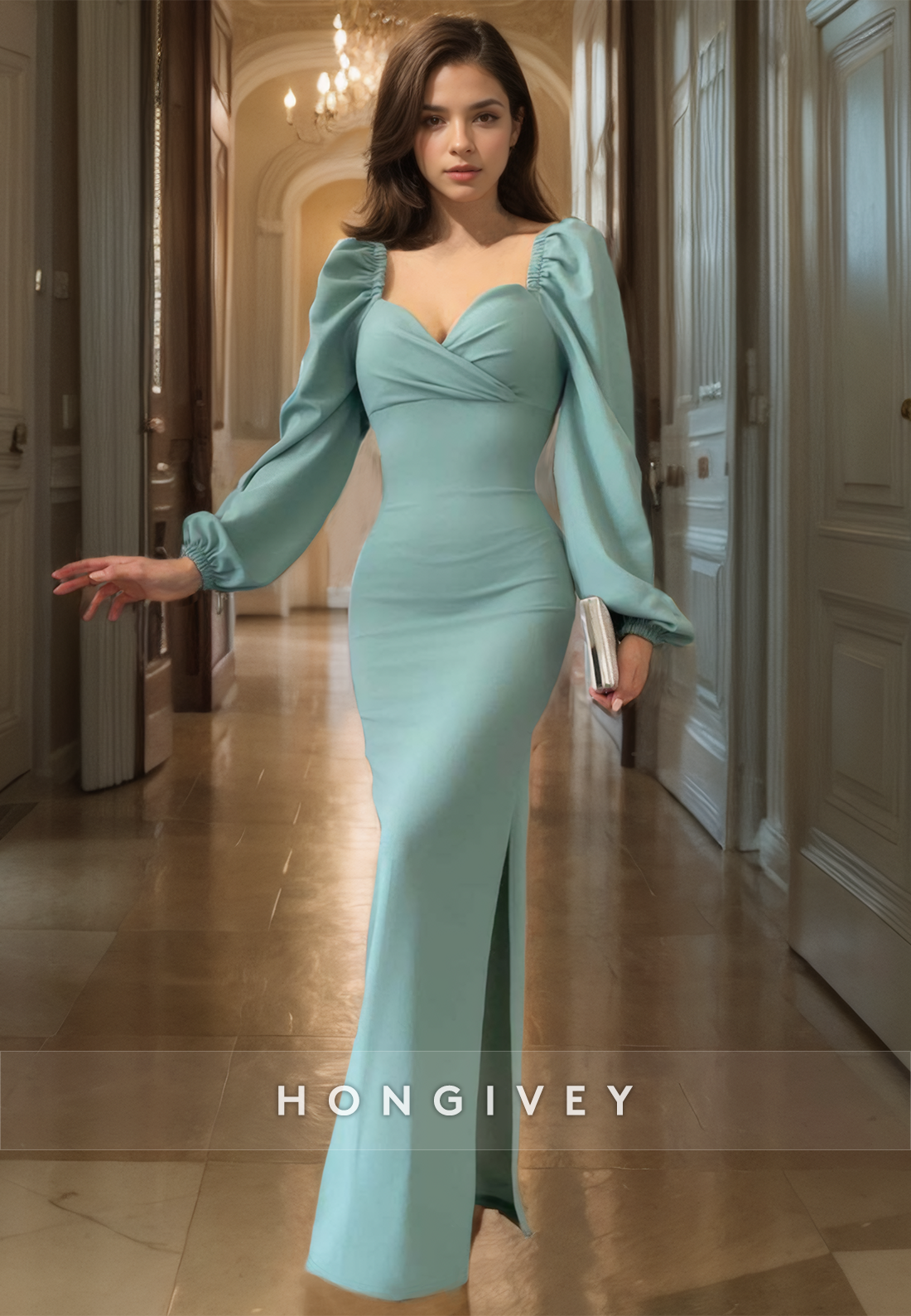 HONGIVEY Square Long Sleeves Elegant Mermaid Evening Dress Formal Party Gown