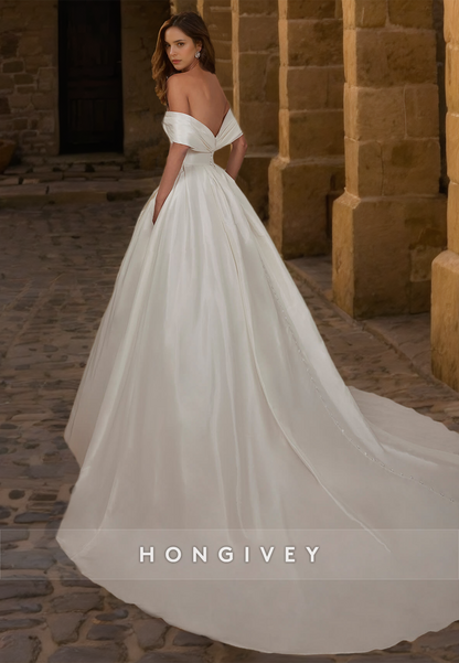 Sexy Satin A-Line Off-Shoulder Empire Ruched With Train Wedding Dress