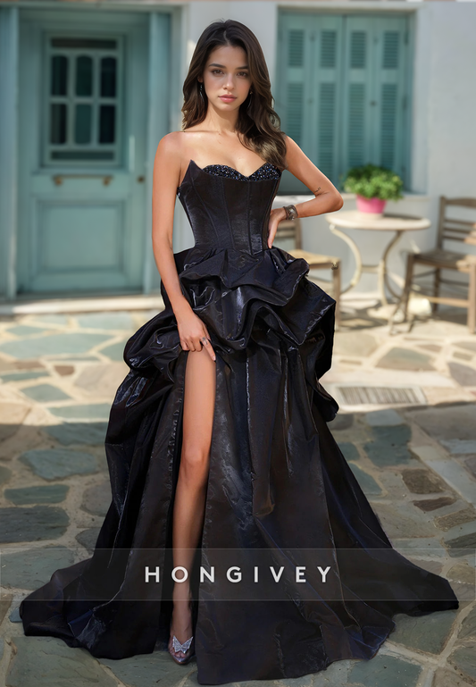 HONGIVEY 2025 Elegant Black Prom Dress Strapless A-Line Ruched Formal Party Dress with Side Slit