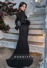 HONGIVEY Sexy Black Feathers Formal Evening Dress 2025 Long Sleeves Side Slit Prom Gown