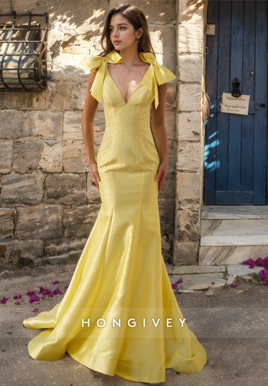 HONGIVEY 2025 New Straps Mermaid Formal Party Dress Yellow Bow Glitter V-Neck Evening Dress