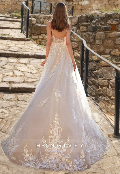 Sexy Tulle A-Line Sweetheart Spaghetti Straps Illusion Empire Sequined Appliques With Train Wedding Dress