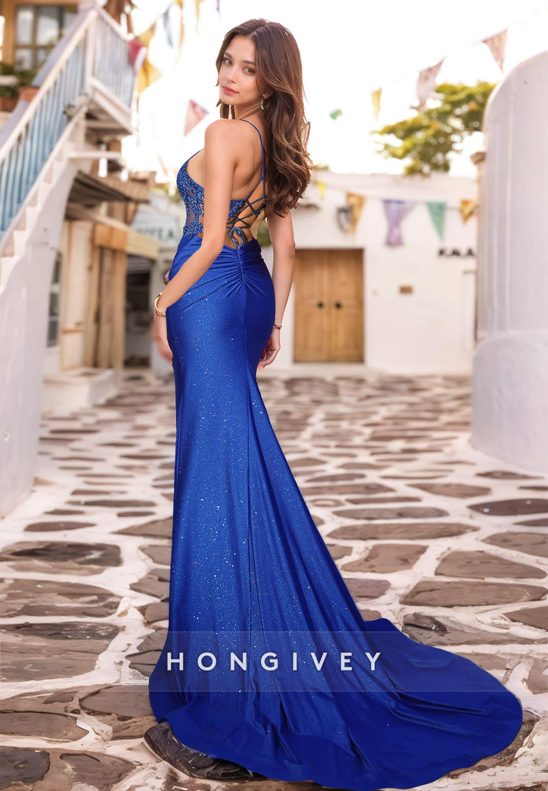 HONGIVEY 2025 New Sparkle V-Neck Mermaid Evening Dress Straps Beaded Prom Gown with Side Slit