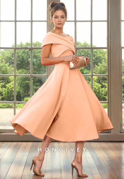 A-Line Off-Shoulder Sleeveless Ruched Tea-Length Cocktail Evening Dress