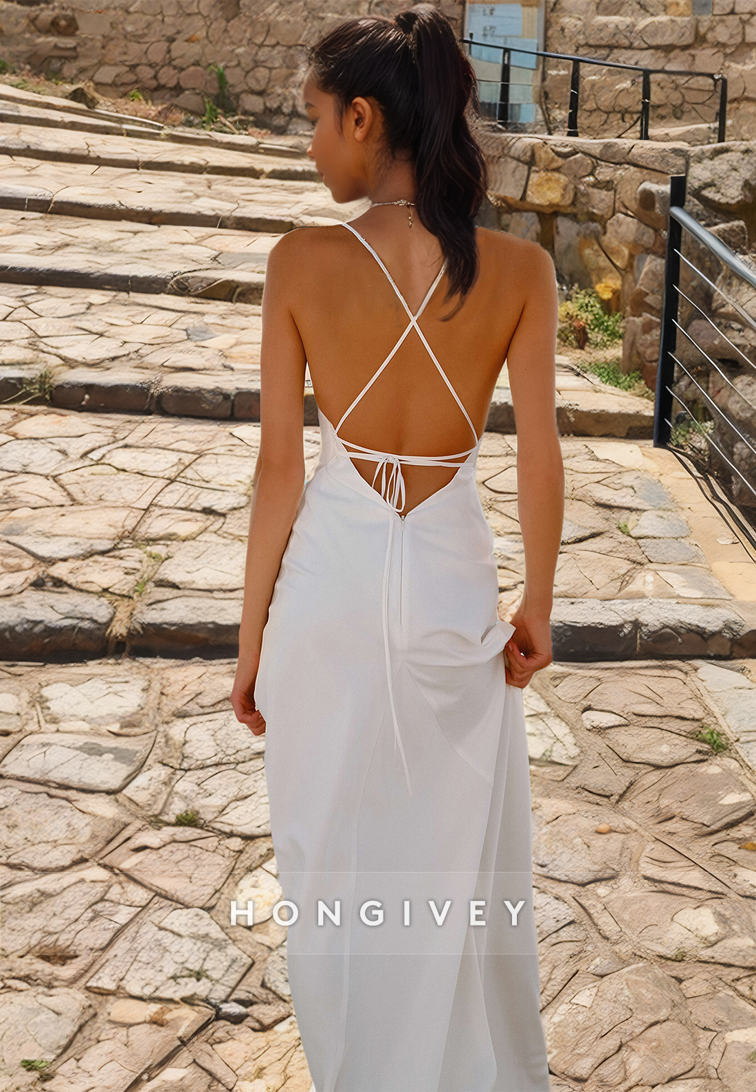 Casual V-Neck Sleeveless Lace-Up Beach Wedding Dress