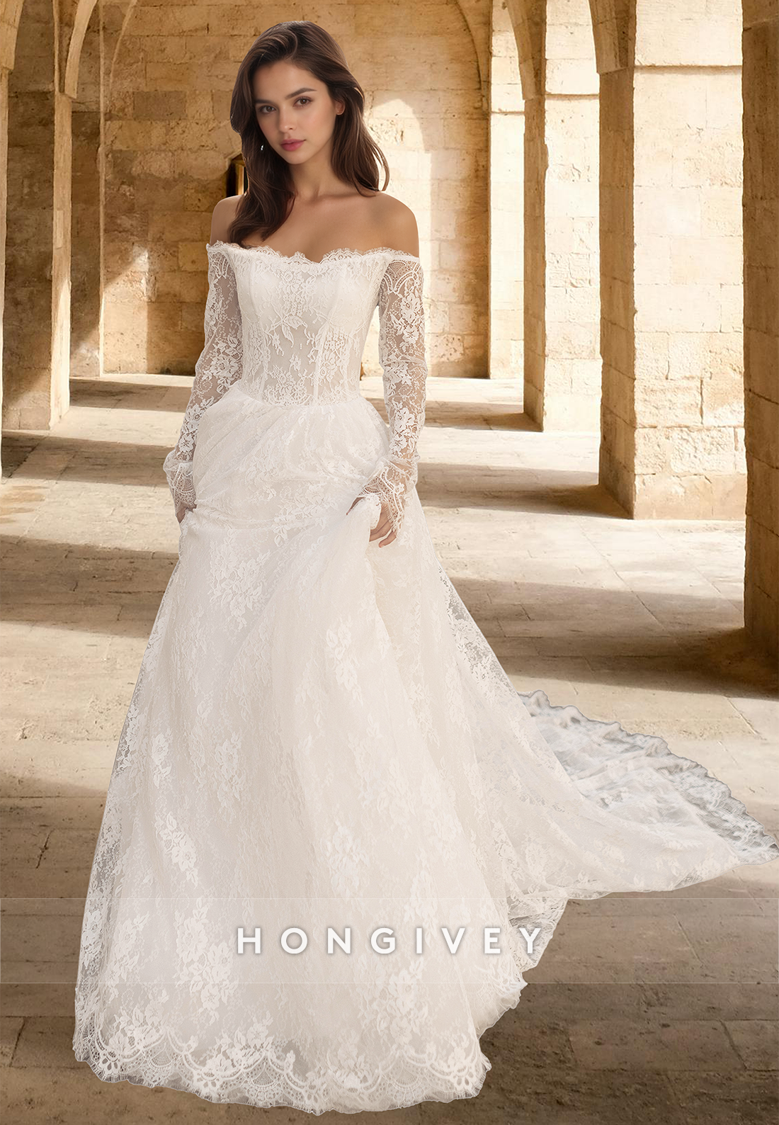 Full Lace Applique Long Sleeves A-Line with Train Wedding Dress HONGIVEY