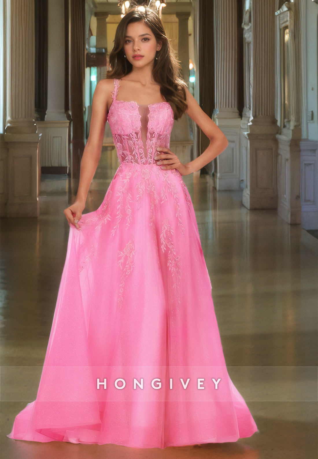 Stunning A-Line Lace Illusion Quinceanera Dress Lace Up Floor Length Party Dresses