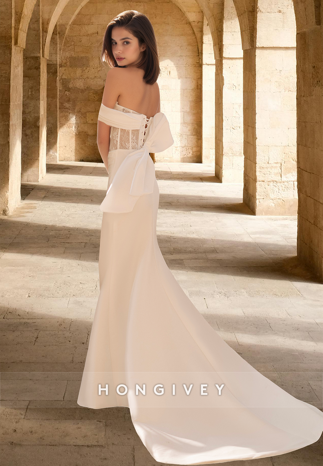 Applique Off-Shoulder Trumpet with Slit Satin Wedding Dress HONGIVEY