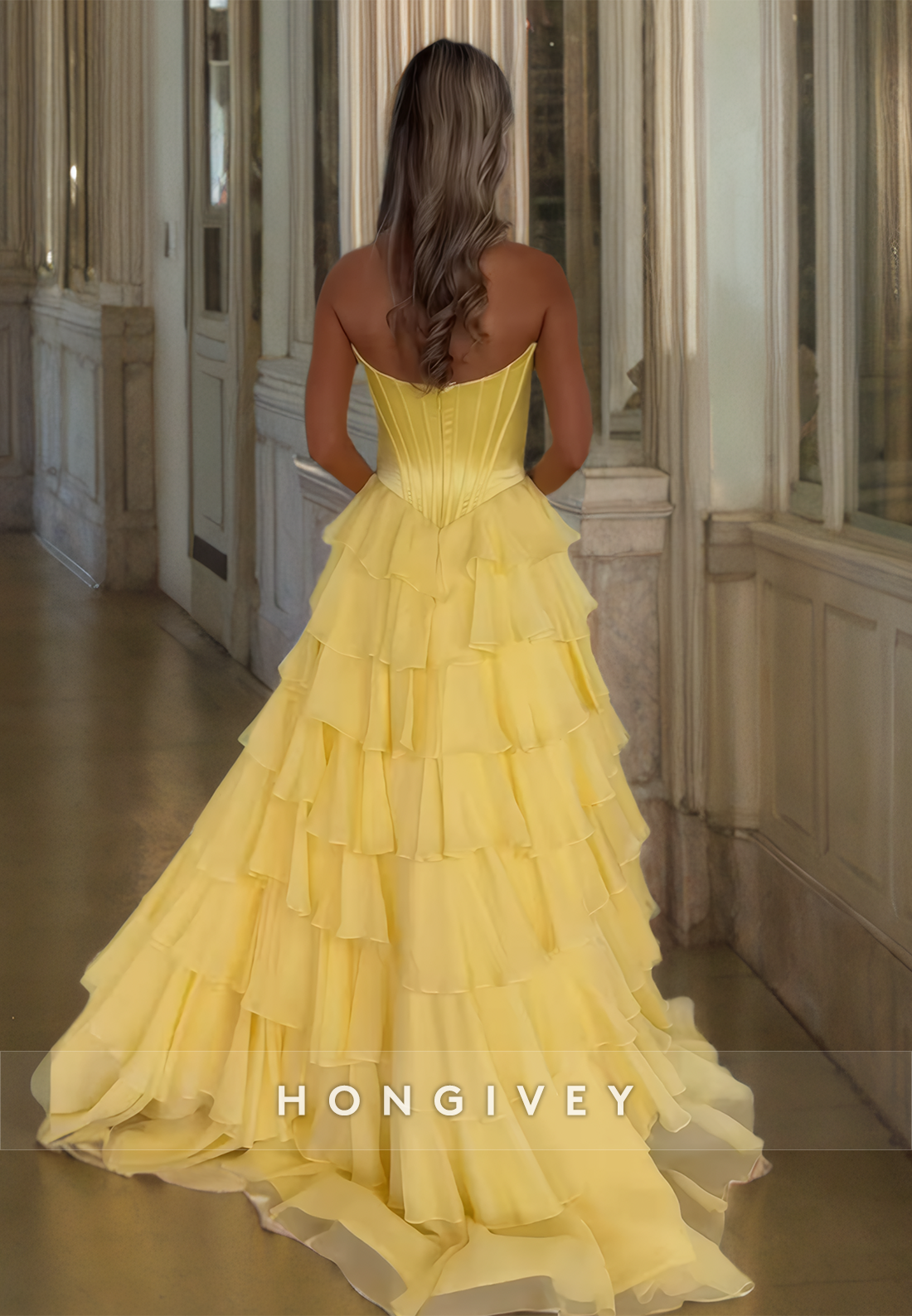 Yellow Floor Length A-Line Organza Strapless Princess Ball Gown Prom Dress Quinceañera Dresses