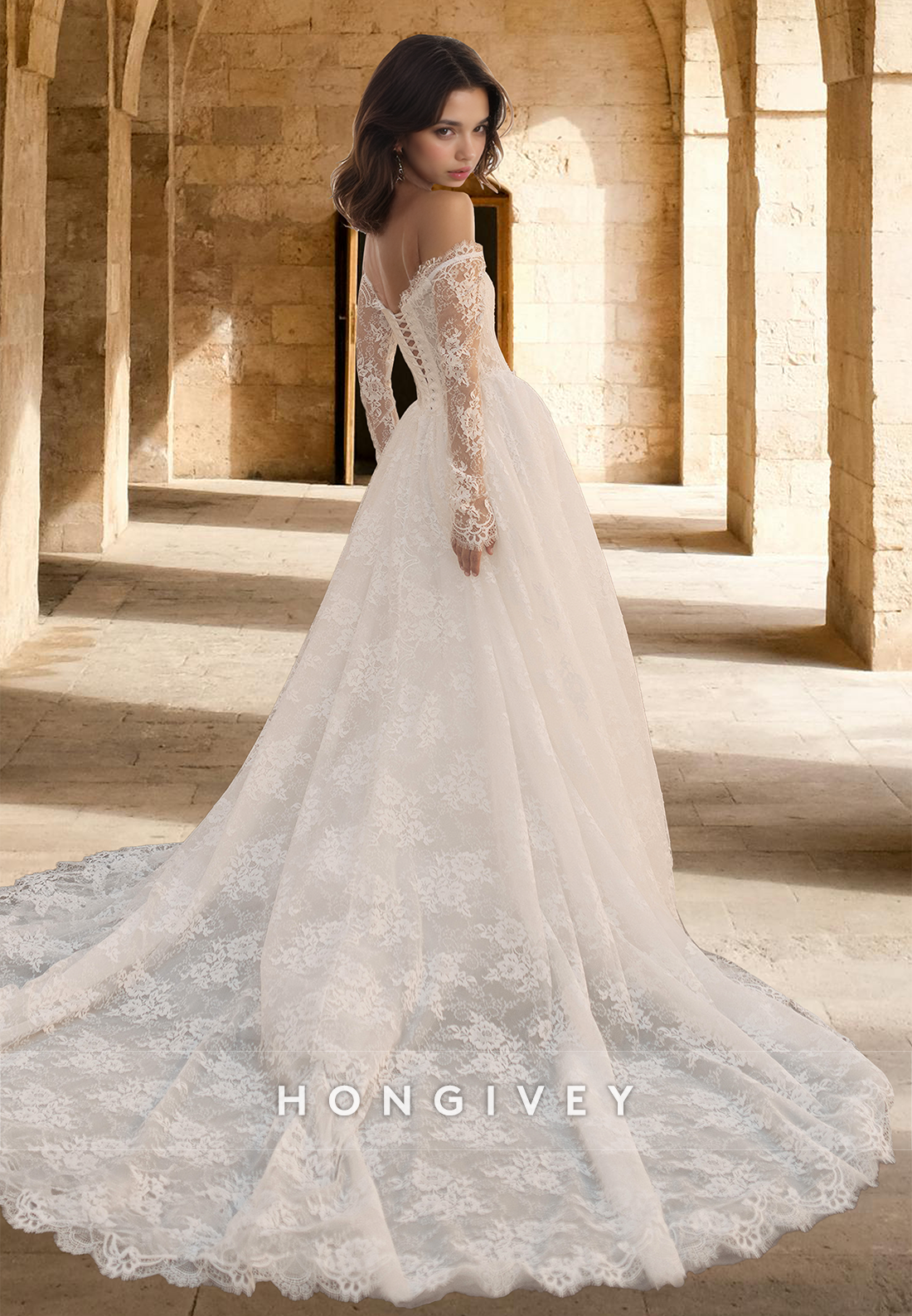 Full Lace Applique Long Sleeves A-Line with Train Wedding Dress HONGIVEY