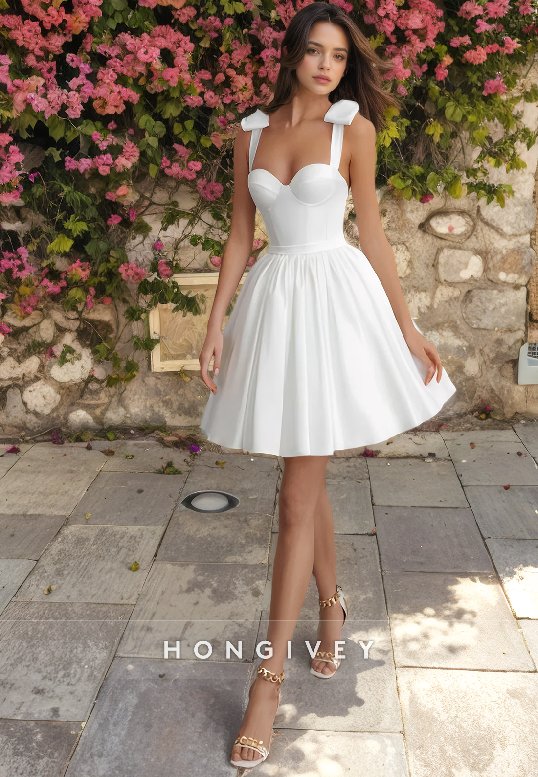 Satin A-Line Sweetheart Spaghetti Straps Short Wedding Dress