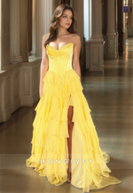 Yellow Floor Lenghth A-Line Organza Strapless Princess Ball Gown Prom Dress Quinceañera Dresses