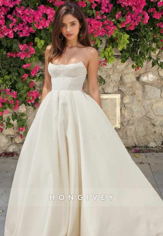 Satin A-Line Strapless Sleeveless Long Beach Wedding Dress