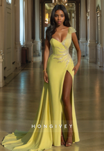 A-Line One Shoulder Yellow Prom Dresses Appliqued Floor Length Formal Occasion Party Dress with High Split